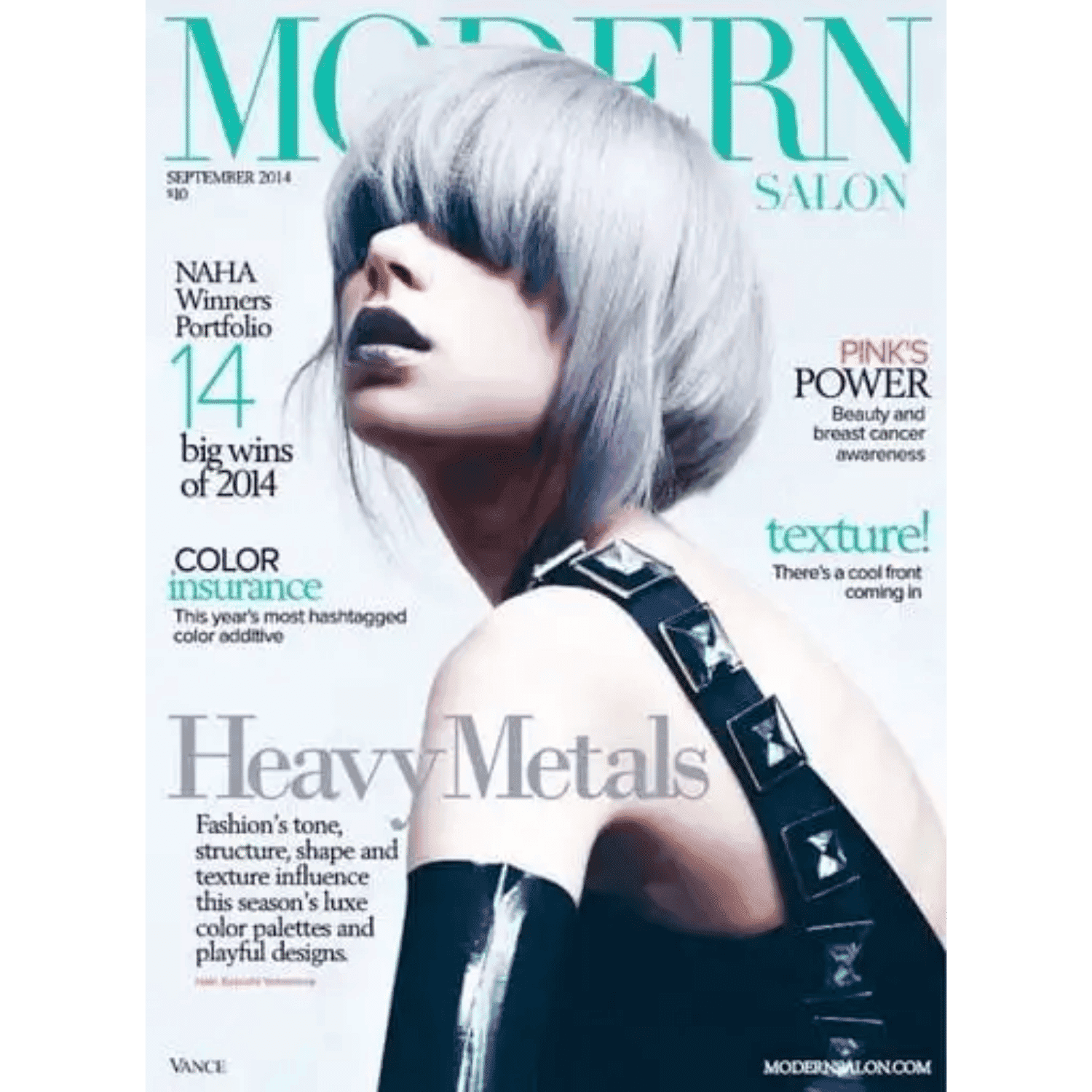 Fashion magazine cover featuring a model with silver hair and a metallic-themed outfit.