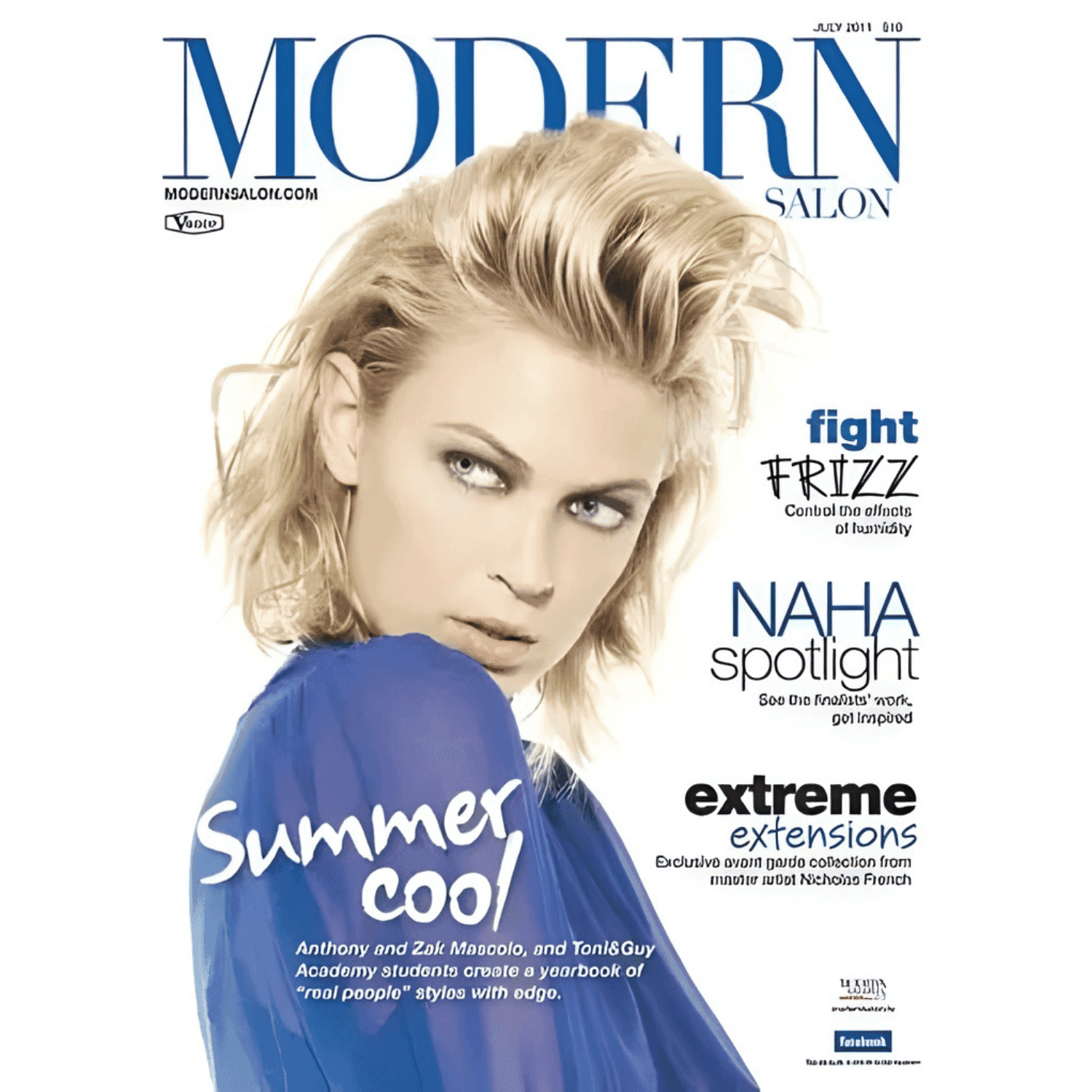 Modern Salon cover: Woman with blonde hair, text on frizz control, NAHA spotlight, and extensions.